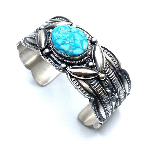 Native American Jewelry - navajo handmade sterling silver kingman turquoise cuff bracelet